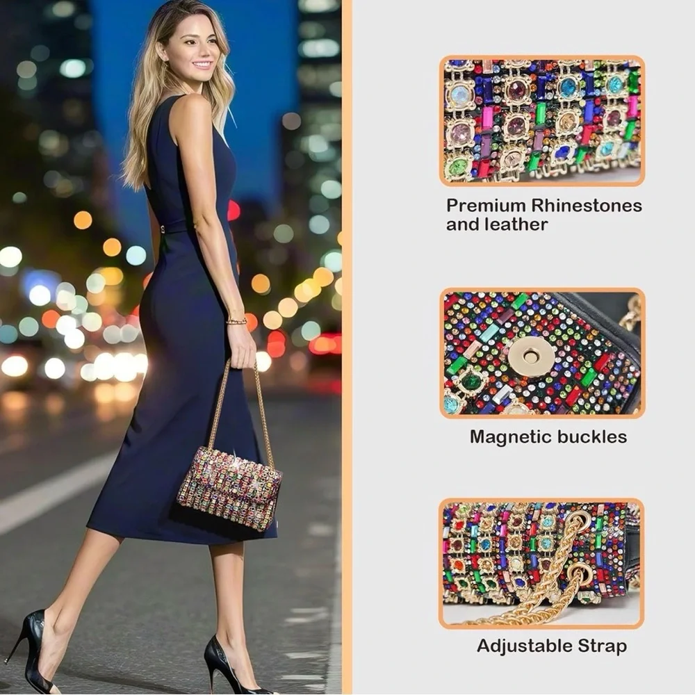 Rhinestone Evening Clutch Purse for Women - Sparkling Formal Handbag with Strap